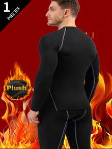 男士户外保暖内衣，加厚保暖内衬，纯色长袖圆领上衣，适合寒冷天气下的户外活动，如滑雪、秋冬季穿着。 - 黑色 - 查看 3