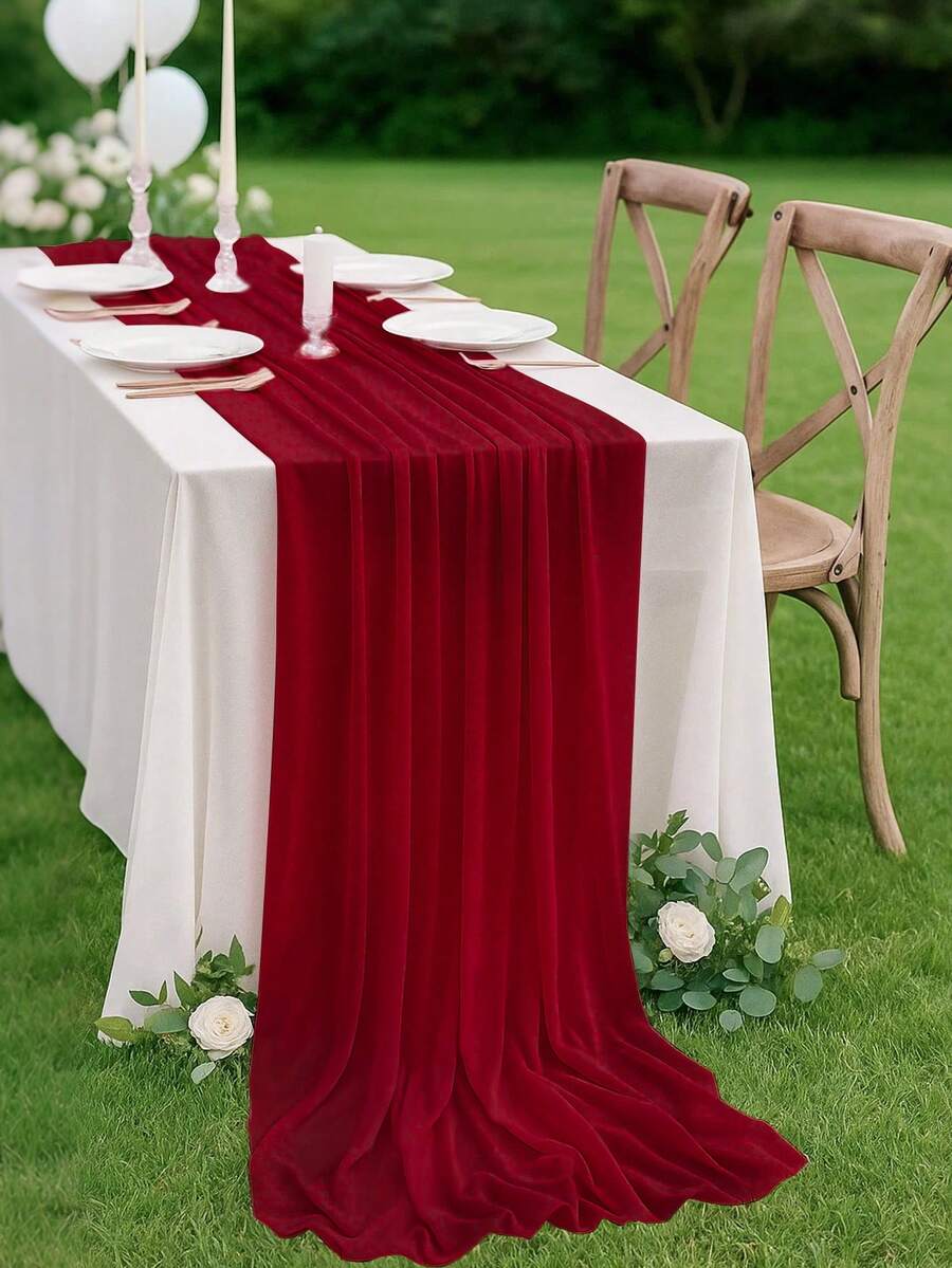 1pc/5pcs Set Burgundy Sheer Table Runner, DIY Sheer Curtain Fabric, Multipurpose For Wedding Party Room Decor, Birthday Decor, Romantic Wedding Ceremony Decor, Table Runner, Outdoor Wedding Decor, Bridal Shower Decor