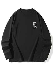 女式长袖 T 恤，带有可爱的兔耳印花，百搭休闲圆领上衣，适合秋冬分层穿着 - 黑色 - 查看 5