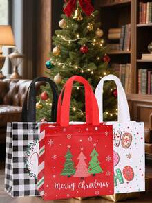 25pcs Christmas Gift Bags - Red & Black Plaid Non-Woven Tote Bags, Christmas Element Printed Decorative Non-Woven Fabric Gift Bags, Reindeer Bell And Stocking Design, Suitable For Party Favors And Holiday Gifts, Christmas Decorations