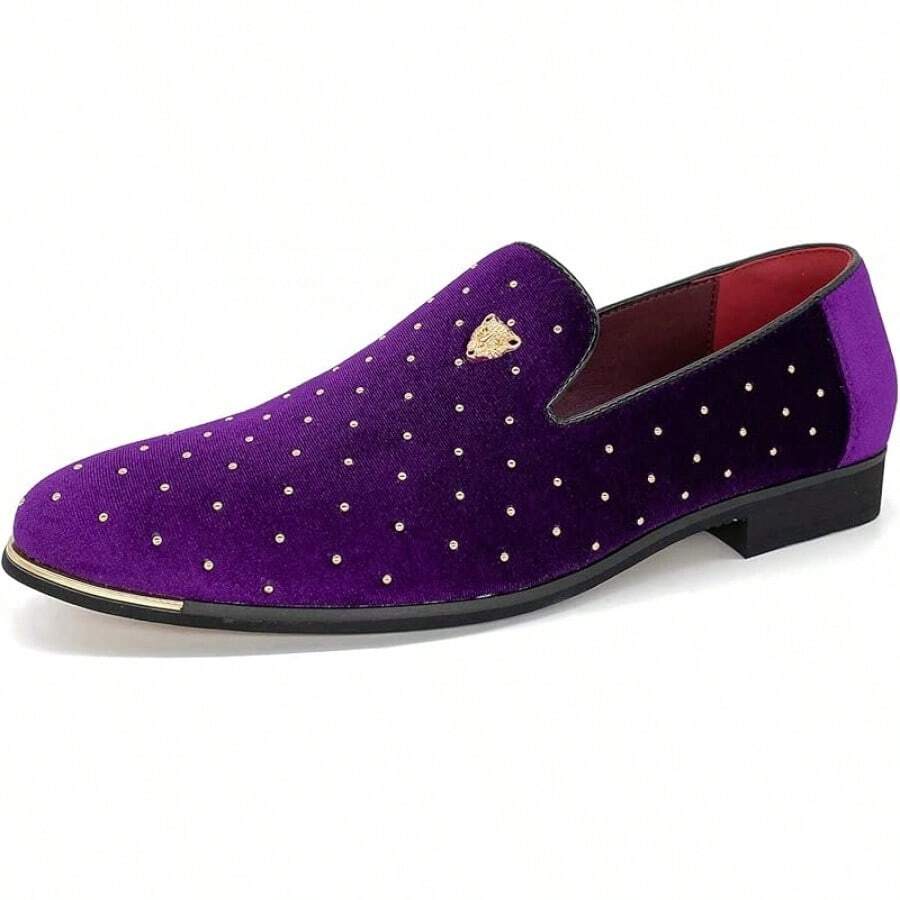 Men's Pointed Toe Rivet Dress Shoes Glitter Modern Metallic Slip On Loafers Plus Size-20256688 - Purple - View 1