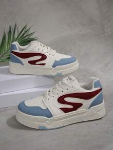 Women's Casual Sneakers - Chic White With Blue & Red Accents, Lace-Up Round Toe Faux Cover Upper, Breathable Fabric Lining & Cushioned EVA Insole, Durable Rubber Sole Low-Top All-Season Walking Shoes For Casual Attire, Ladies Sneakers, Sleek Sneaker Design - Blue - View 7