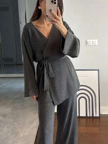 Women's Elegant 2 Pieces Set, Notched Neck Tie Front Loose Fit, Slightly Stretchy Fabric, Suitable For Winter Wear - Dark Grey - View 5