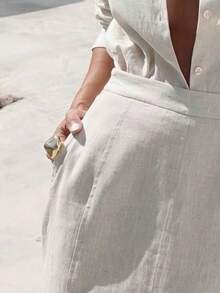 2 件套女士时尚休闲纽扣长袖上衣和全长裙子套装 - 塔灰色 - 查看 6