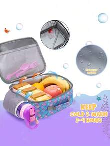 1入組午餐袋 - 3D隔熱午餐盒，適用於女孩學校野餐戶外藍色午餐手提袋，防水可重複使用，附有把手和口袋 - 查看 3