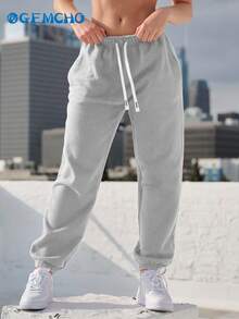 GEMCHO 女士涤纶运动裤，带口袋，针织面料略带弹性，休闲跑步慢跑裤，适合所有季节 - 灰色 - 查看 4