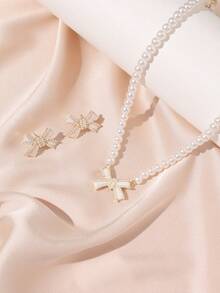 3 件套时尚简约珍珠蝴蝶结耳环和项链首饰套装，适合女孩的礼物