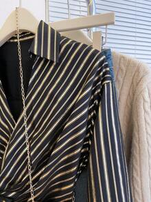 春夏金属条纹黑色长袖系腰蝴蝶结裹身奢华优雅商务休闲修身女式衬衫