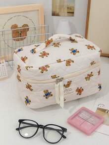 1 Piece Beige Strip Print Cosmetics Storage Bag Cute Brown Bear Pattern Make Up Bag Practical Makeup Bag Set Large Capacity Cosmetics Organizer Bag Foam Quilted Travel Toiletry Bag Lovely Cartoon Pattern Makeup Pouch Multi-Functional Items Storage Bag