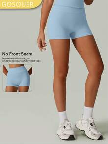 Quần short thể thao nữ màu trơn, cạp cao, co giãn, thích hợp cho yoga, chạy bộ và đạp xe. - Màu xanh lam - Xem 2