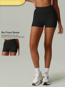 Pantalón corto de yoga, deporte y ciclismo de cintura alta y unicolor con estiramiento para mujer - Negro - Ver 2