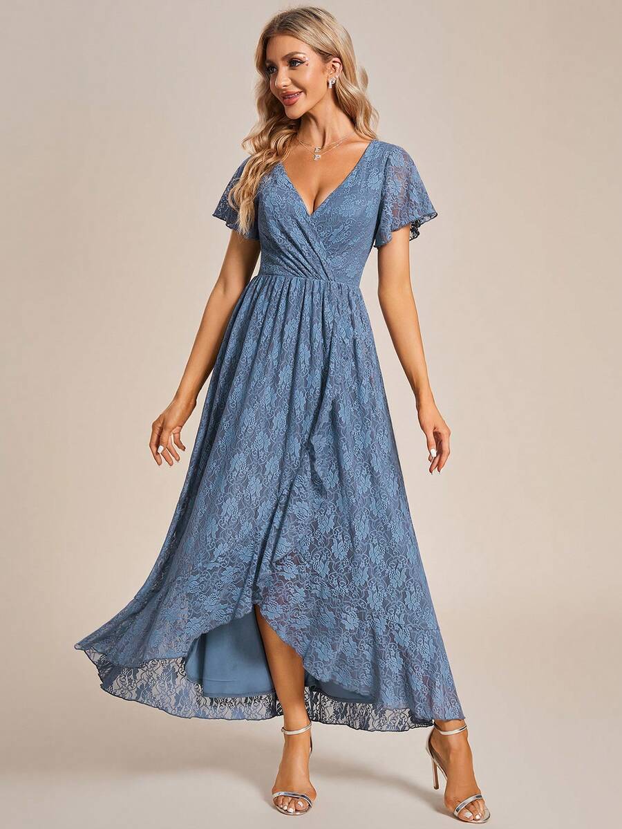 Đầm phù dâu bằng chiffon cổ chữ V, ren, xếp ly ở ngực, viền bèo nhún, kiểu quấn, thích hợp cho khách dự đám cưới mùa xuân. - Màu xanh bụi bặm - Xem 1