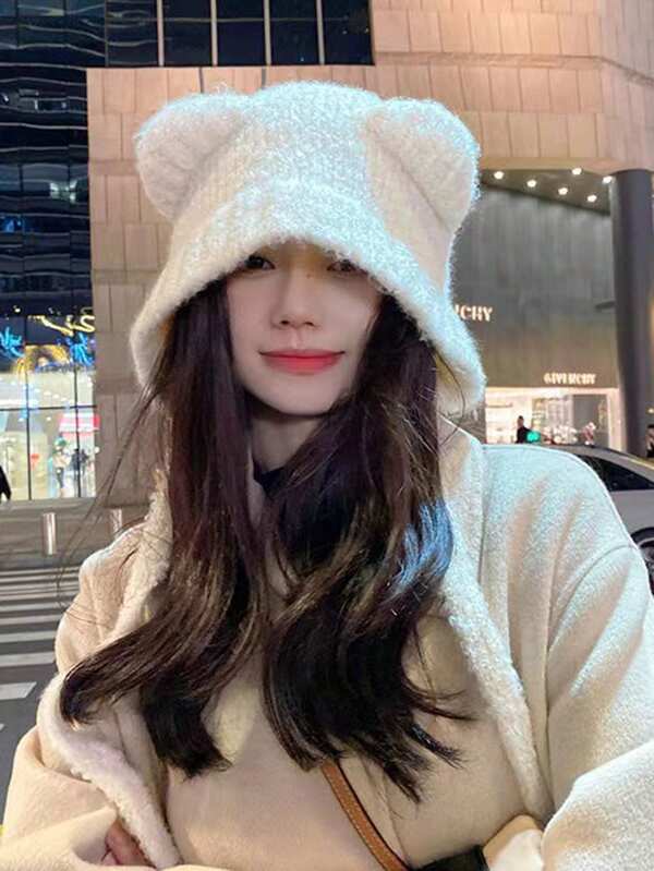 1pc Women's Cute Bear Ear Warm Earmuff Trapper Hat, Knitted Thick Fluffy Plush Cap For Autumn/Winter Outdoor Travel Cycling