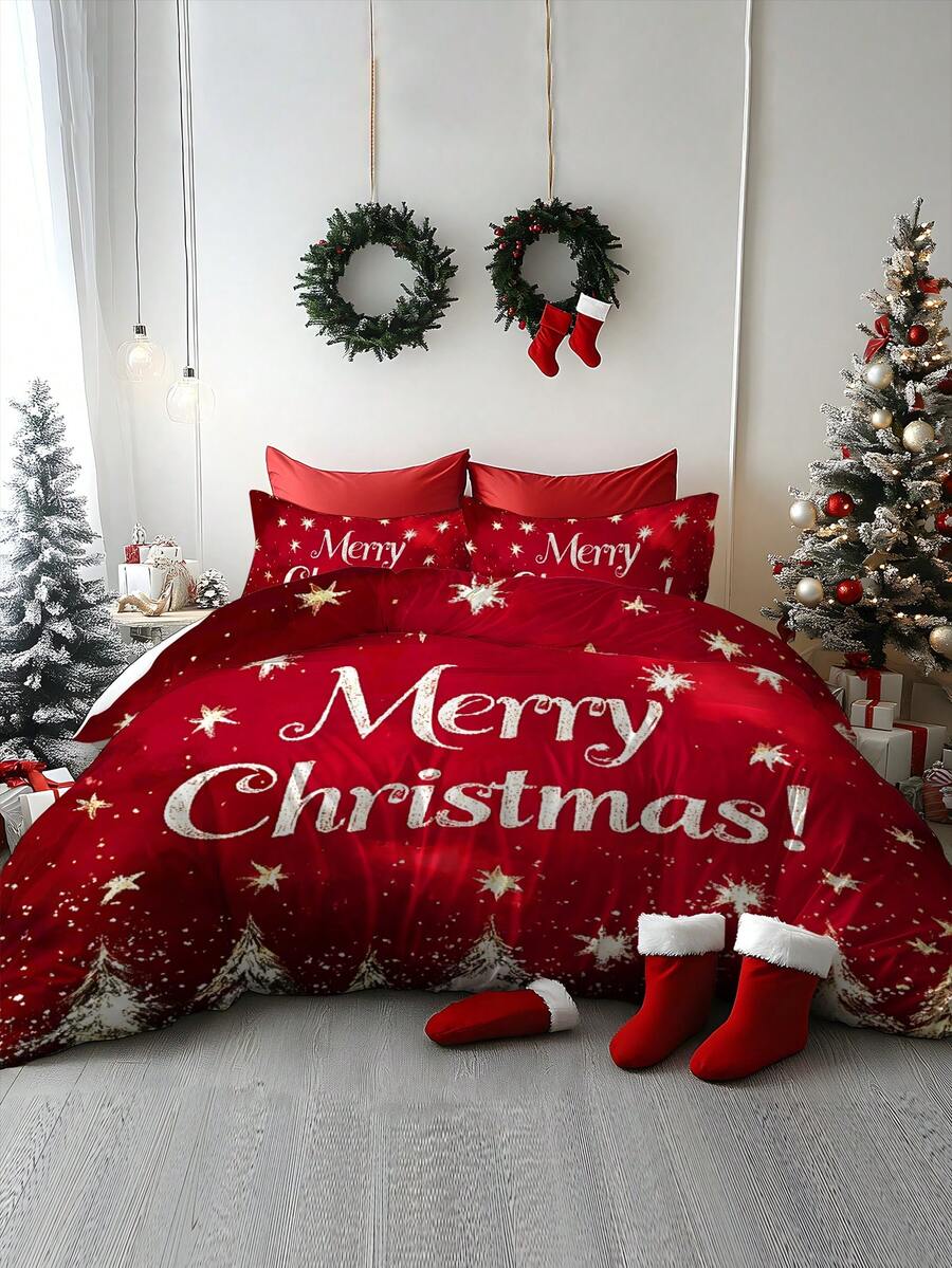 Set de huse de pilotă periate cu imprimeu digital, model de Crăciun cu brad de Crăciun, cadou, fulg de zăpadă, cerb, Moș Crăciun, 2/3 buc, moale și confortabil, potrivit pentru dormitor, cameră de oaspeți, cameră de jocuri, hotel, cămin școlar