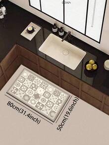 1pc Silica Gel Kitchen Mat, Vintage Mosaic Pattern, Gray & White Color Scheme, Composed Of Various Small Squares With Floral, Geometric Patterns, Classic Elegant Retro Style, Luxury Fashion Kitchen Carpet, Anti-Fatigue