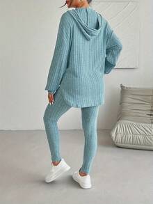 Hooded Rib-Knit Lounge Set: Relaxed Fit Tunic Top & Fitted Leggings For Cozy Home Wear, Casual Comfort And Relaxed Loungewear For Women. - 混合色 - 查看 3