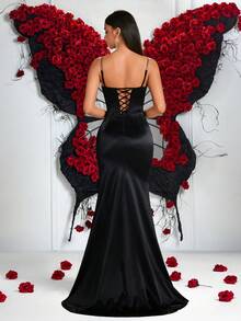 Elisanya Elegantes langes Abendkleid für Damen mit V-Ausschnitt, Strass, Rüschen, rückenfreiem Design und Schleife, für Partys und Bankette