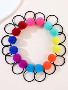 16pcs Autumn & Winter Khaki Color Pompom Decor Elastic Hair Ties For Kids Girls, Cute Soft High Stretch Ponytail Holders, Baby Hair Accessories Love Valentine