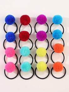 16pcs Autumn & Winter Khaki Color Pompom Decor Elastic Hair Ties For Kids Girls, Cute Soft High Stretch Ponytail Holders, Baby Hair Accessories Love Valentine