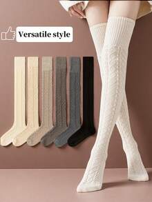 1/2/3/6双装女士过膝袜，针织链条设计，多色时尚百搭过膝袜，适合日常穿着，Y2K风格，春秋季节，舒适透气保暖 - 彩色 - 查看 20