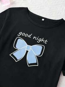 3 件字母蝴蝶结印花睡衣套装，圆领短袖 T 恤 + 松紧腰短裤 + 休闲裤，舒适睡衣，女士睡衣和家居服 - 藍色 - 查看 4