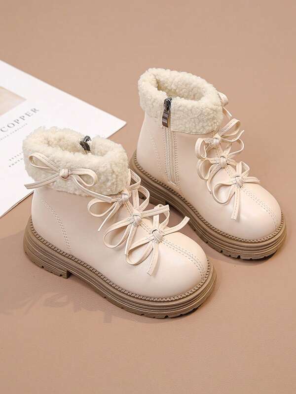 1 Paar neue Schleife Kinder/Mädchen Stiefeletten, Schul-Campus Stiefel, modischer Uni-Farbton, rutschfest, weiche Fütterung, praktischer Reißverschluss, geeignet für Herbst/Winter Outdoor und Lässig Tragen