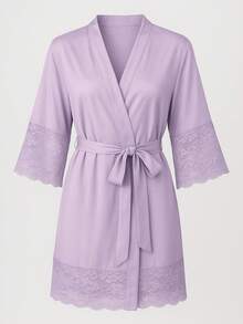 Women's Robe Lace Bathrobe Luxury Contrast Hobby Romantic Lingerie Honeymoon Bride Comfortable - 紫丁香色 - 查看 5