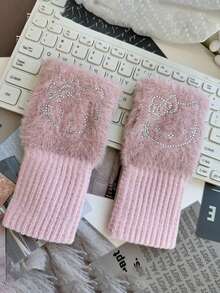 Sanrio 1 par de guantes sin dedos de felpa de Sanrio Hello Kitty, guantes sin dedos de imitación de visón para mujeres, decoración de brillantes de rhinestone, lazo de Hello Kitty con rhinestones brillantes, cálidos y lindos guantes abiertos de los dedos a prueba de frío, guantes de invierno elásticos y cálidos para mujeres, diseño de dibujos animados lindo adecuado para salidas diarias y clima frío, textura suave