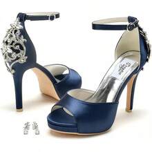 Lady Satin Dress Platform High Heels Wedding Sandals Crystal Back With Free EarringsChristmas - 藍綠色 - 查看 5