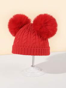 1 件婴儿童包芯纱翻边无檐帽，秋冬季保暖户外帽 - 紅色 - 查看 2