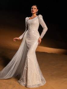 Faeriesty Elegant Square Neck Beaded Sequin Mermaid Gown For Women – Structured Long Sleeves, Asymmetrical Side Train, And Fitted Trumpet Silhouette For Gala Awards, Luxury Weddings, Red Carpet Events, And Black-Tie Galas - Apricot - View 8