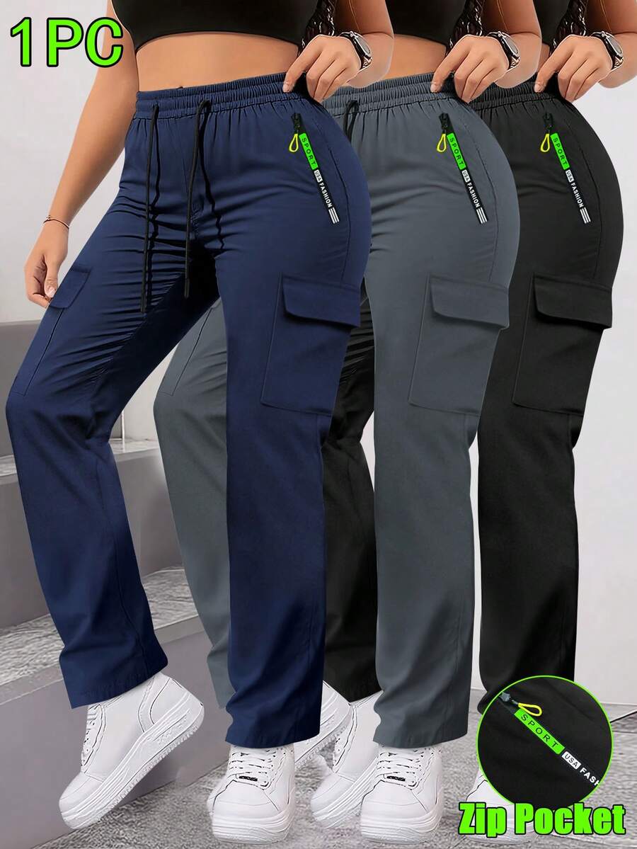 Hidkat Women's Autumn New Casual Zippered Pocket Cargo Pants, Drawstring Elastic Waist, Lightweight And Breathable, Cargo Pockets, Casual Outdoor Trousers, Suitable For Daily Outdoor Wear. - 藍色 - 查看 1