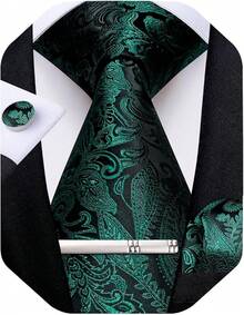Silk Floral Necktie Set With Tie Clip, Handkerchief & Cufflinks - Green Black - View 1