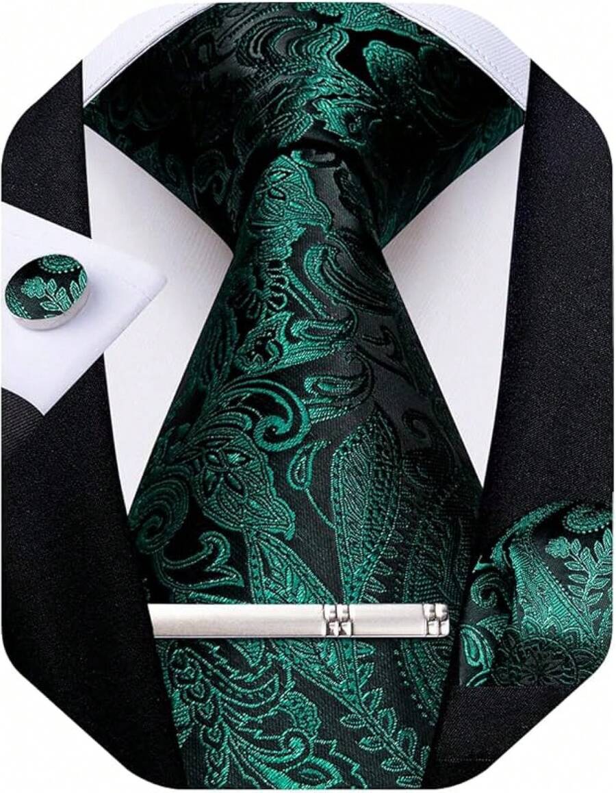 Silk Floral Necktie Set With Tie Clip, Handkerchief & Cufflinks - Green Black - View 1