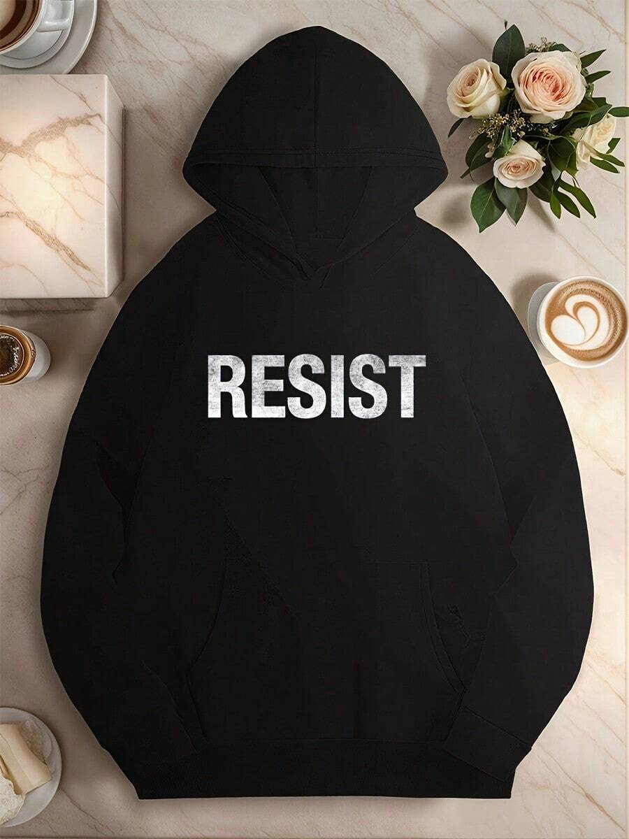 1pc Women's Distressed "RESIST" White Typography Print Hoodie, Made Of Durable Polyester Material With Vintage Distressed Letter Details, Featuring Good Warmth, In Punk Attitude Style, Suitable For Expressing Stance And Fall Street Wear - 黑色5 - 查看 1