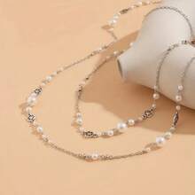 A Stylish Double-Layer Long Necklace Set With Imitation Pearls Suitable For Daily And Party Occasions, Accessories For All Seasons. - Women's Gift - Daily Wear Wedding Party Date Party - Suitable For Best Friends, Christmas Gifts - Valentine's Day Gifts - 銀色 - 查看 4