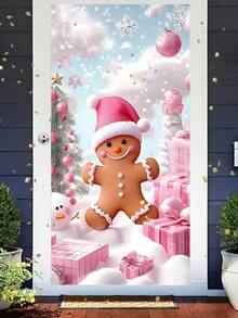 Copertura per porta natalizia da 90x180cm in poliestere rosa a tema natalizio festivo con caramelle pan di zenzero, per decorazioni interne ed esterne, feste e vacanze