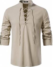 Men's Pure Cotton Retro Lace Up Shirts For Renaissance Pirate Viking Medieval - Màu xám đen - Xem 8