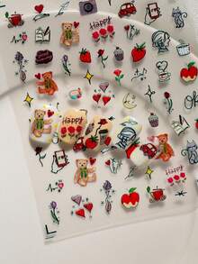 A High-End Romantic Nail Sticker With Relief Laser Technology, Graffiti Hand Drawn Style, Featuring Romantic Roses, Cute Bears, Heart Data And Other Hand Drawn Patterns, Suitable For Personal DIY And Nail Phone Decoration