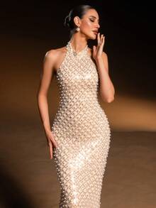 Faeriesty ​​ Glamour Elegant Faux Pearl Evening Gown With Halter-Neck High Collar | Sleeveless Slim Mermaid Dress Adorned With Densely Sparkling Faux Pearls For Wedding Ceremony, Luxury Party, High-Society Events​ For Women New Year Outfit Spring - Champagne - View 4