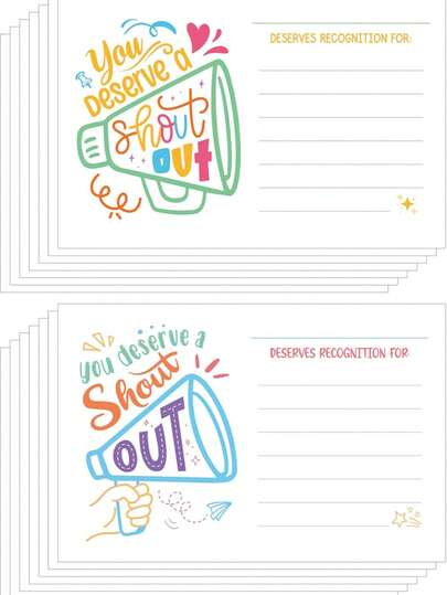 50张正向鼓励卡 - 两种设计，适用于感谢和赞赏老师、学生、办公室员工，表达感激、认可和奖励。可张贴在返校或返岗公告栏上（色彩鲜艳）。