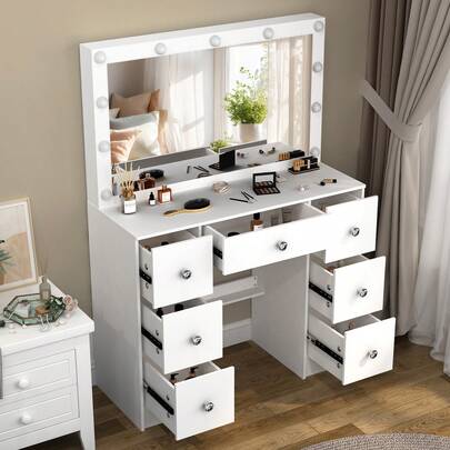 NEW Dressing Table Large LED Mirror 7 Drawers & Crystal Pull Vanity Makeup Desk - Perfect For Organizing Makeup, Skincare, Elegant Vanity|Decorative Vanity, Vanity Furniture, Compact For Small Space, Bedroom Decor Gift , Suitable For Christmas And Halloween Decorations