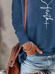 Áo thun nữ tay dài cổ tròn dáng rộng, màu trơn thanh lịch, chất liệu polyester dệt kim, thời trang thu đông, thiết kế hình trái tim, phù hợp cho phái nữ mặc thường ngày vào mùa xuân. - Màu xanh lam - Xem 3