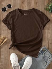 Camiseta relajada de mujer con cuello redondo y mangas cortas de unicolor, uso casual diario, tops para mujeres tshirt - Café - Ver 1
