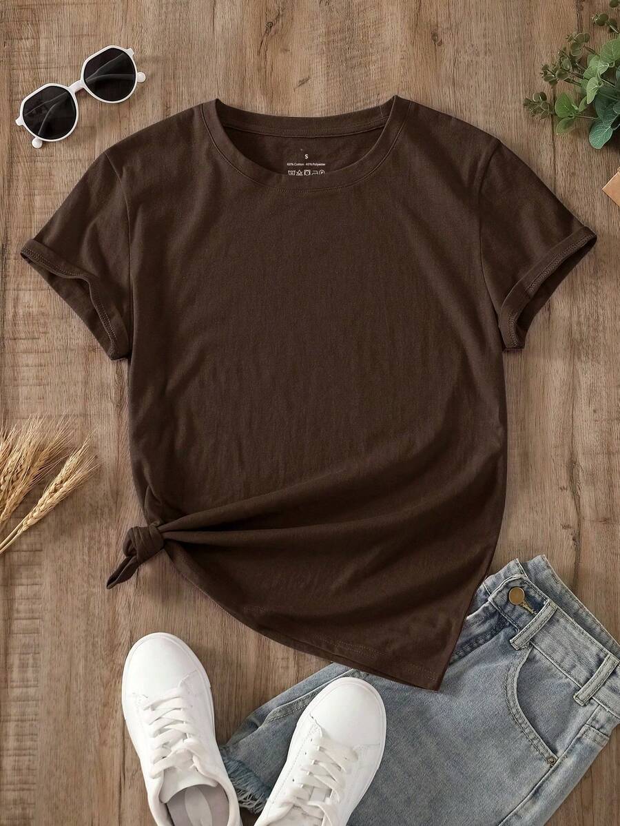 Camiseta relajada de mujer con cuello redondo y mangas cortas de unicolor, uso casual diario, tops para mujeres tshirt - Café - Ver 1