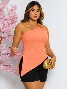 Women's One Shoulder Tank Top With Flower Buckle  Summer Fashion Stylish - 珊瑚粉 - 查看 2