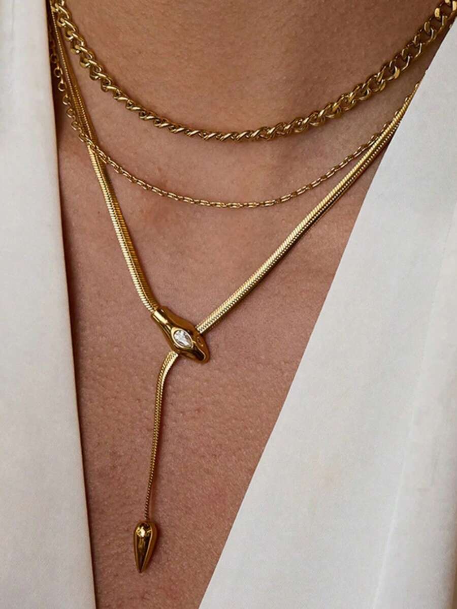 Simple Classic Zirconia Serpentine Necklace 18K Gold Color Plated Stainless Steel Serpentine Chain Stackable Chain Women's - Gold - View 1