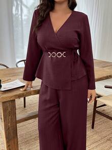 2pcs Plus Size Urban Chic V-Neck Metal Buckle Decor Long Sleeve Set, Solid Color, Palace Style, Suitable For Spring/Summer, Valentine's Day, Elegant Lady, Summer Holiday, Wedding & Events, Outing, Vacation, Beach, Spring Break - Red - View 8