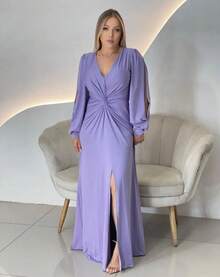 Long Sleeve Dress With Fluity Slit And V-Neckline - 紫丁香 - 查看 2