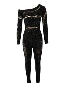 Sexy Sheer Mesh See-Through Elastic Elastic Jumpsuit Sheer Diamond One Piece Fishnet Bodysuit - 黑色 - 查看 6